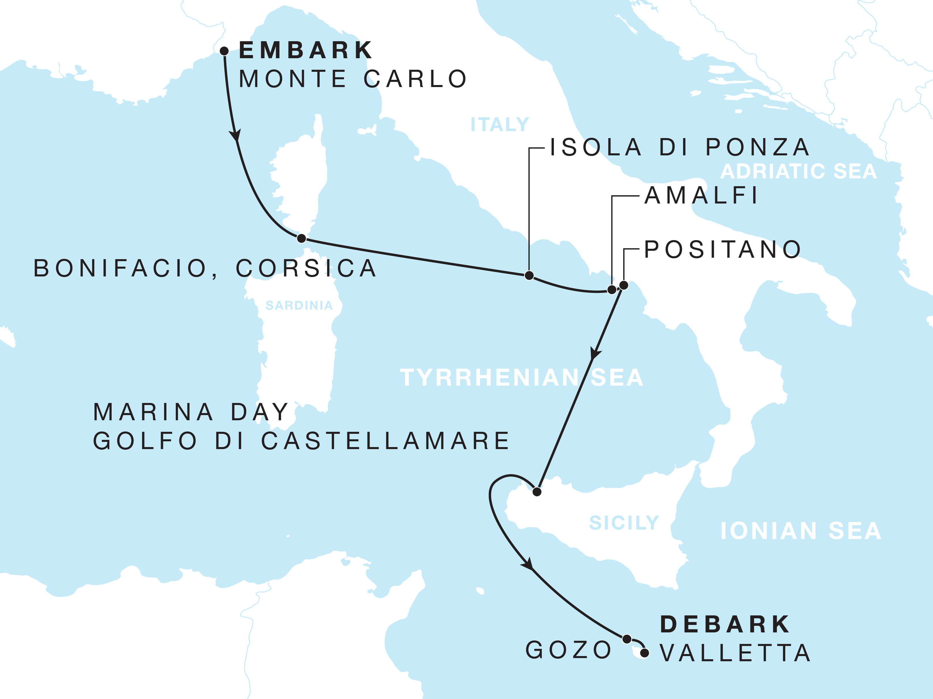Map view of voyage feat Bonifacio and Positano