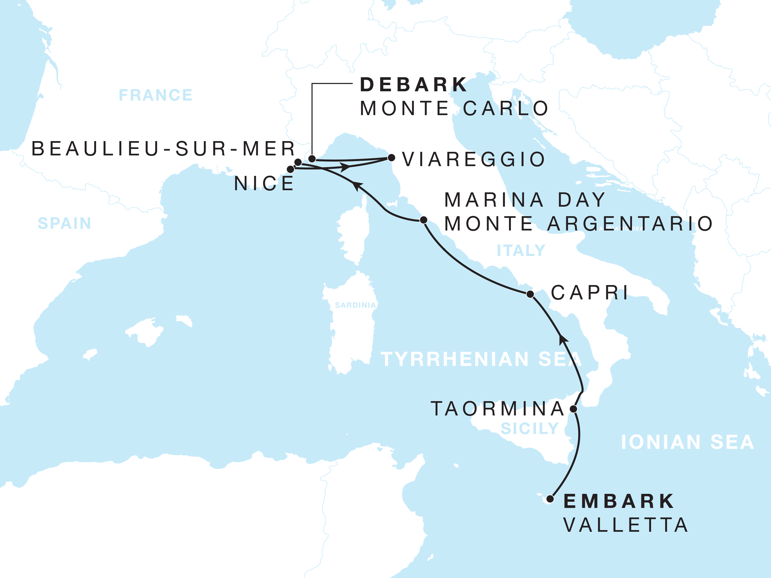 mobile map view of voyage feat Capri and Viareggio
