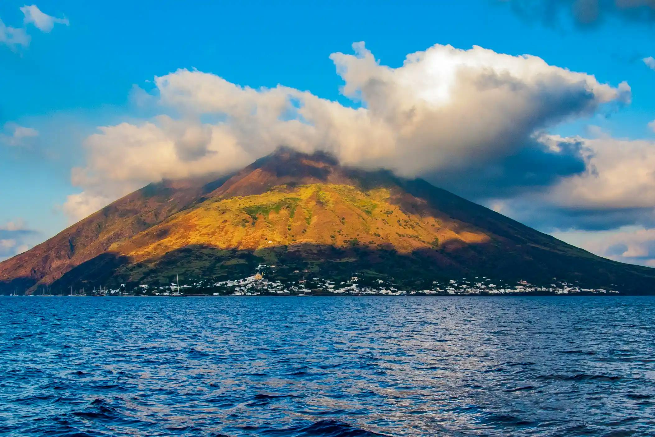Mountain view of Passing Isola di Stromboli, Italy