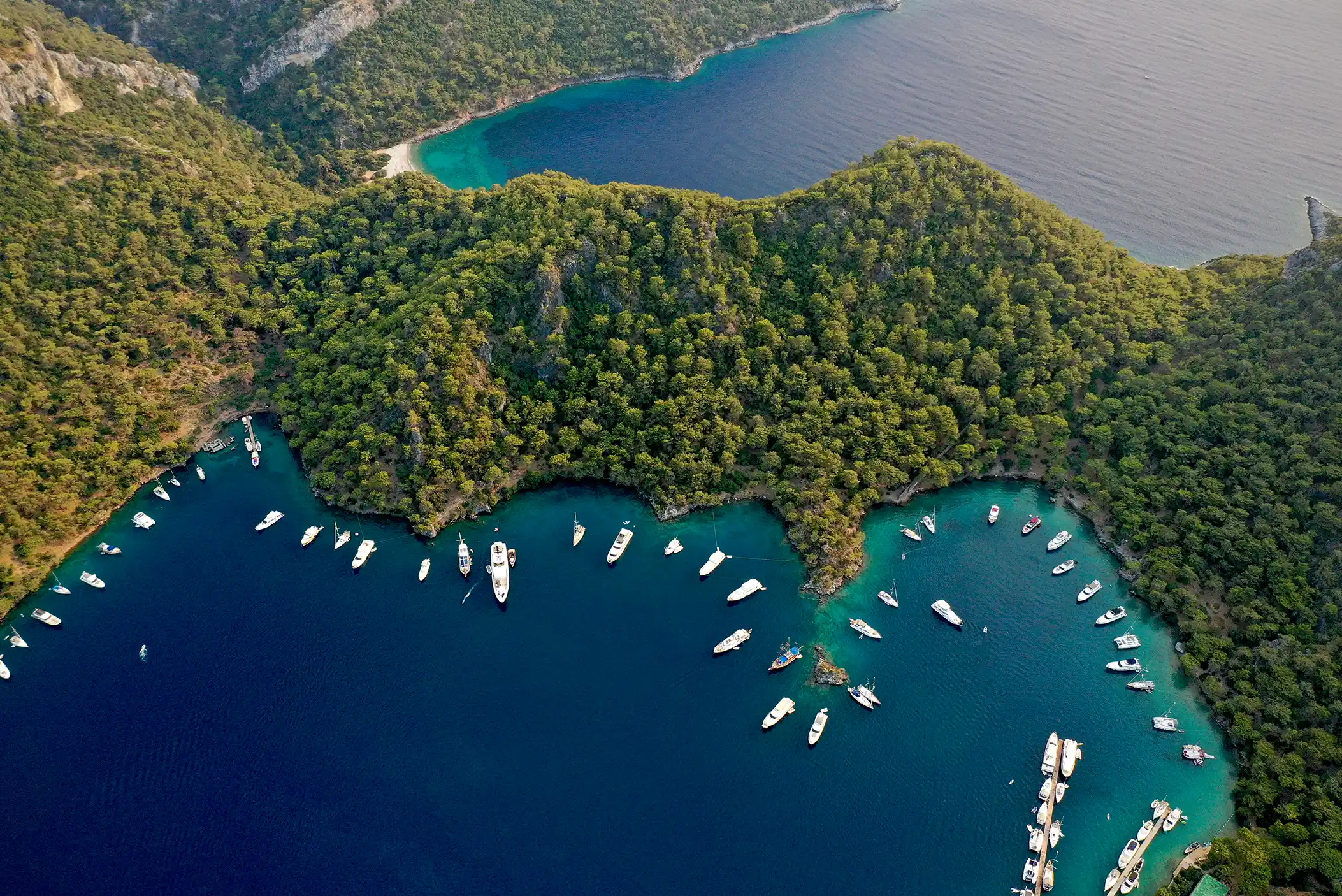 Arial view of ships docked in Gocek, Turkey