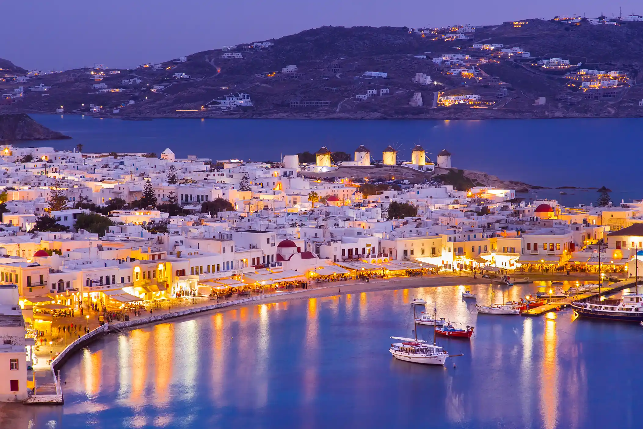 Late night view of Mykonos Port