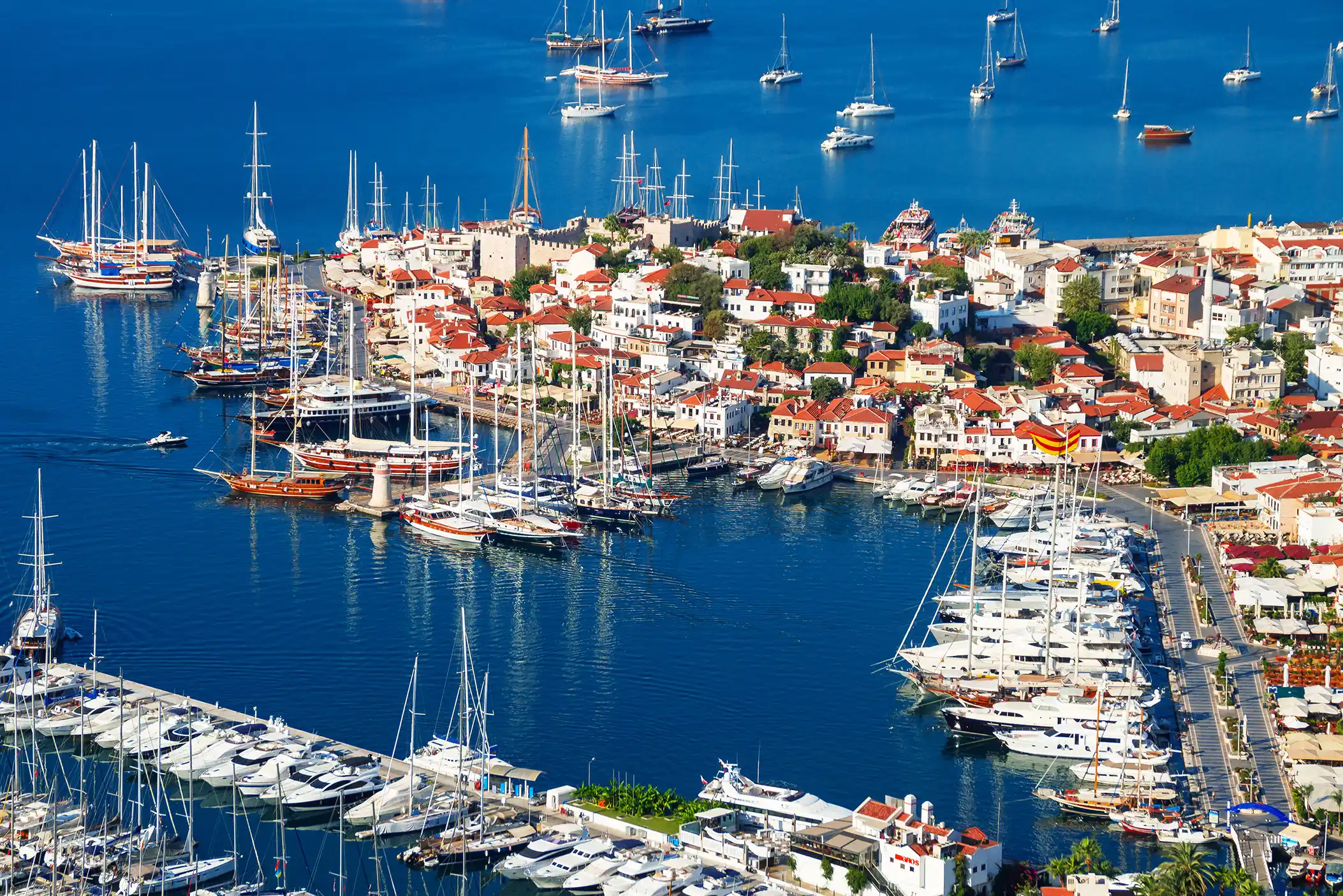 Port view of many ships in Marmaris, Turkey